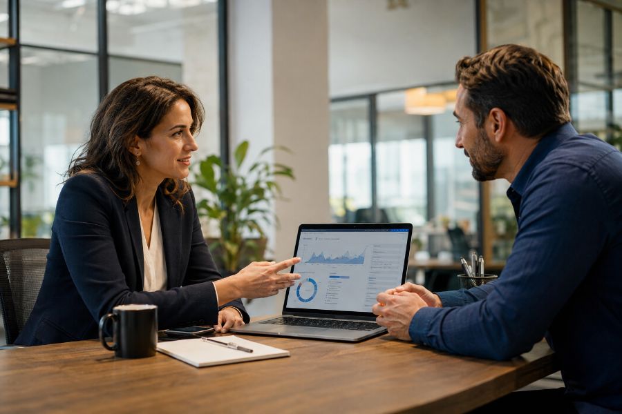 Two professionals reviewing business data together at a work table