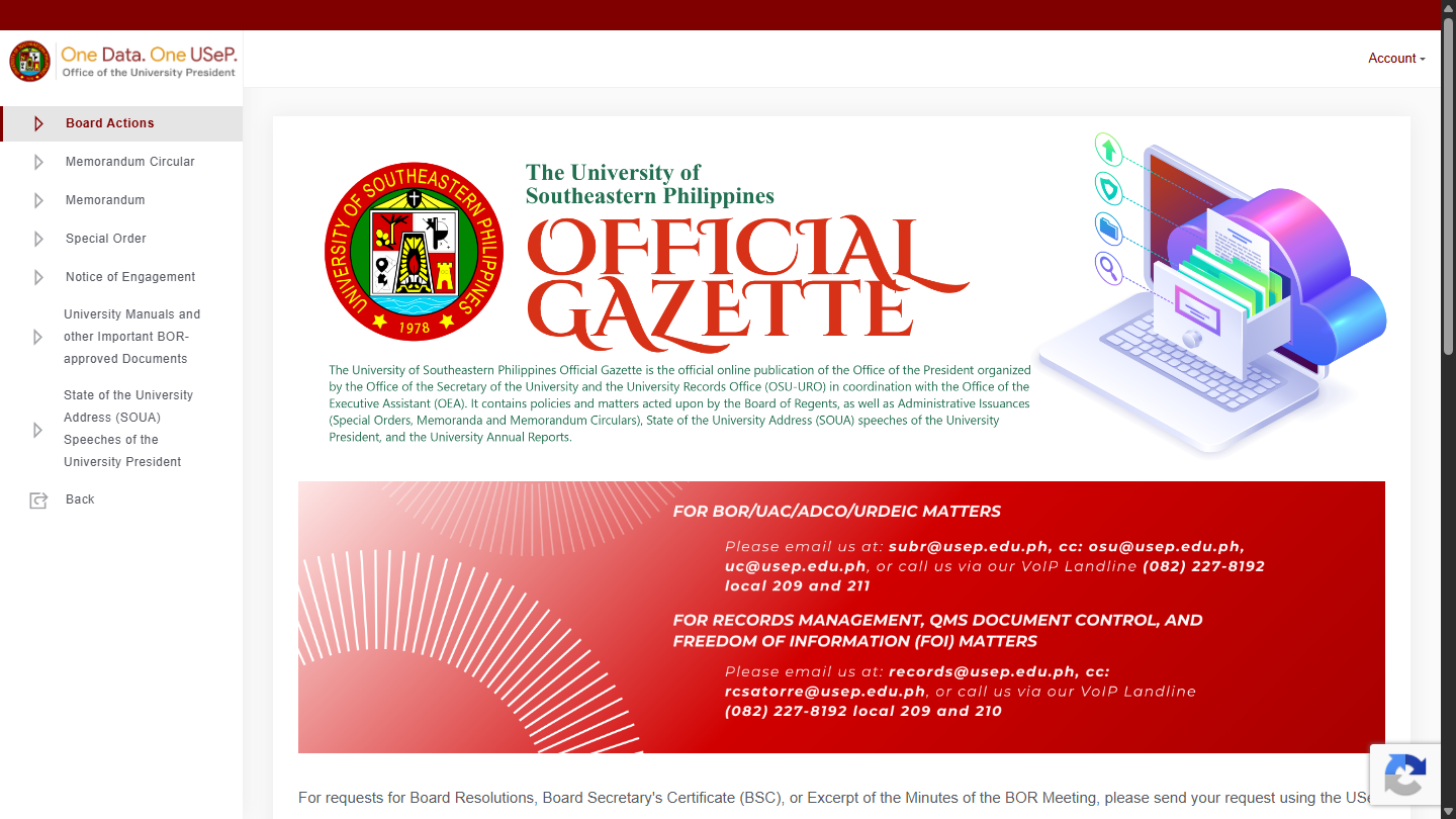 University Official Gazette public homepage on desktop with institutional navigation and publishing interface