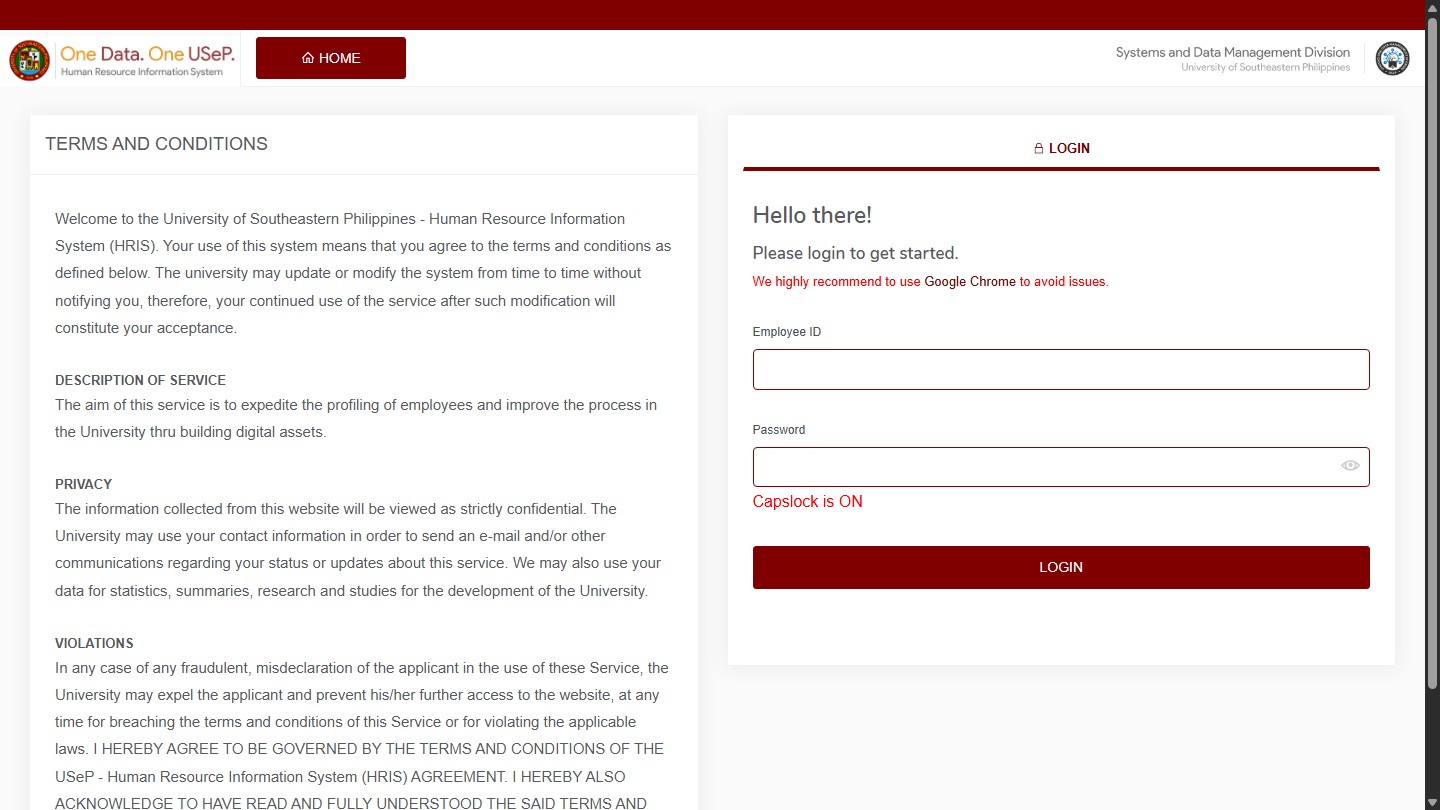University of Southeastern Philippines Human Resource Information System public landing page on desktop