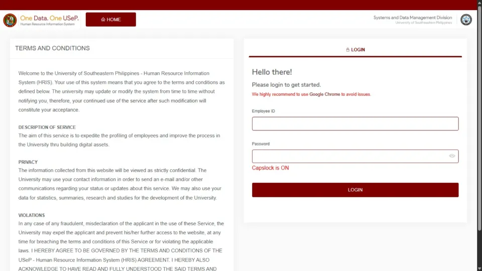 University of Southeastern Philippines Human Resource Information System public landing page on desktop