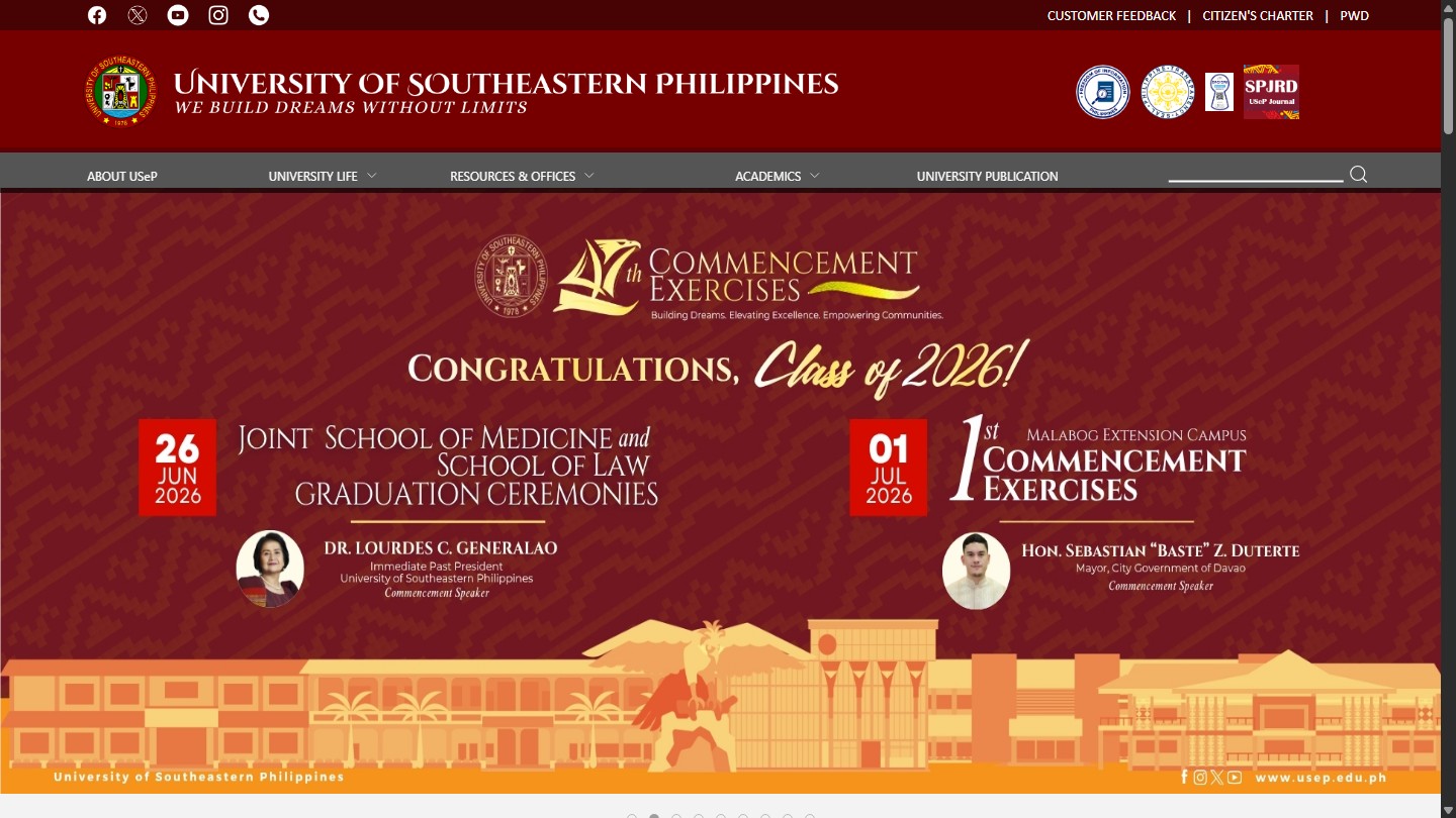 University of Southeastern Philippines public homepage on desktop with institutional navigation and university updates