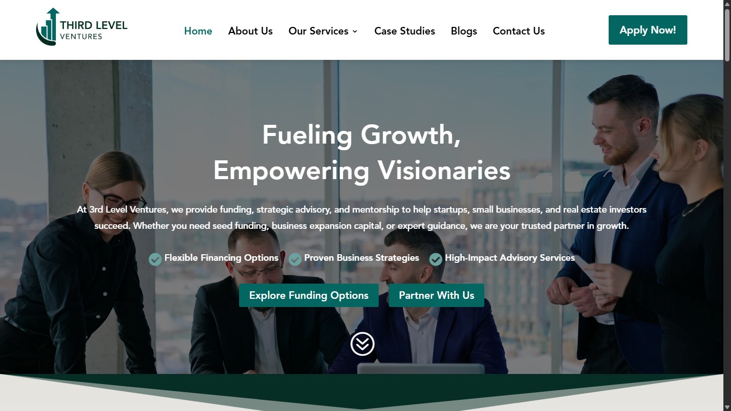 Third Level Ventures public homepage on desktop with venture services navigation and application call to action