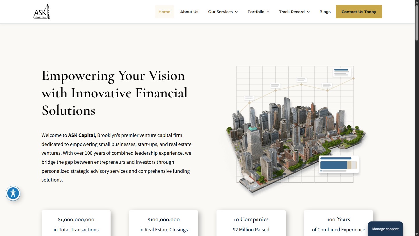 Ask Capital USA public homepage on desktop with financial solutions navigation and city illustration