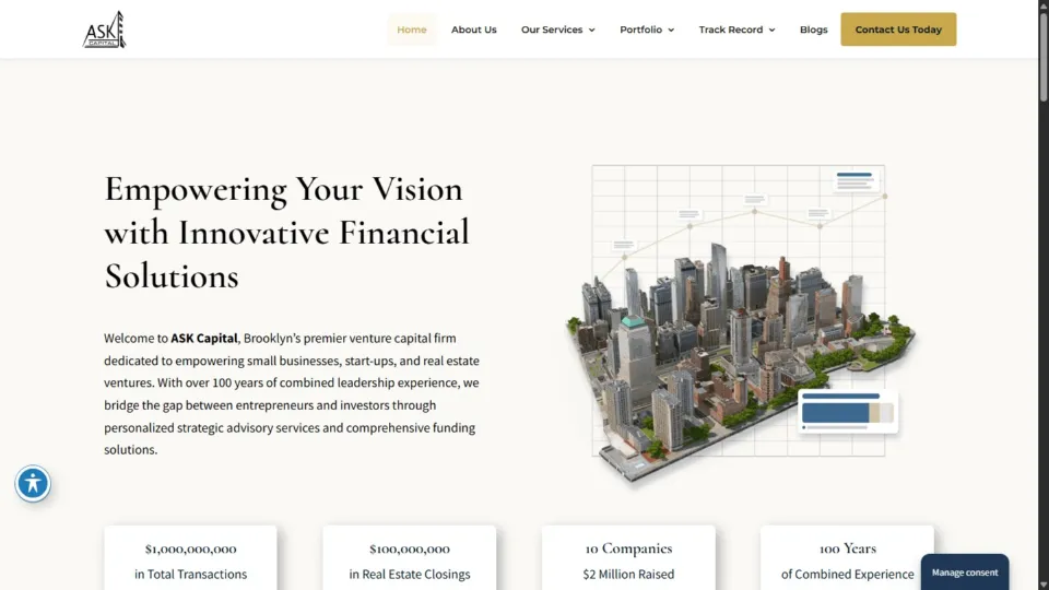 Ask Capital USA public homepage on desktop with financial solutions navigation and city illustration