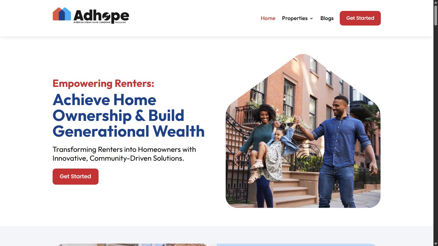 AdHope Homes public homepage on desktop with home ownership headline and family image