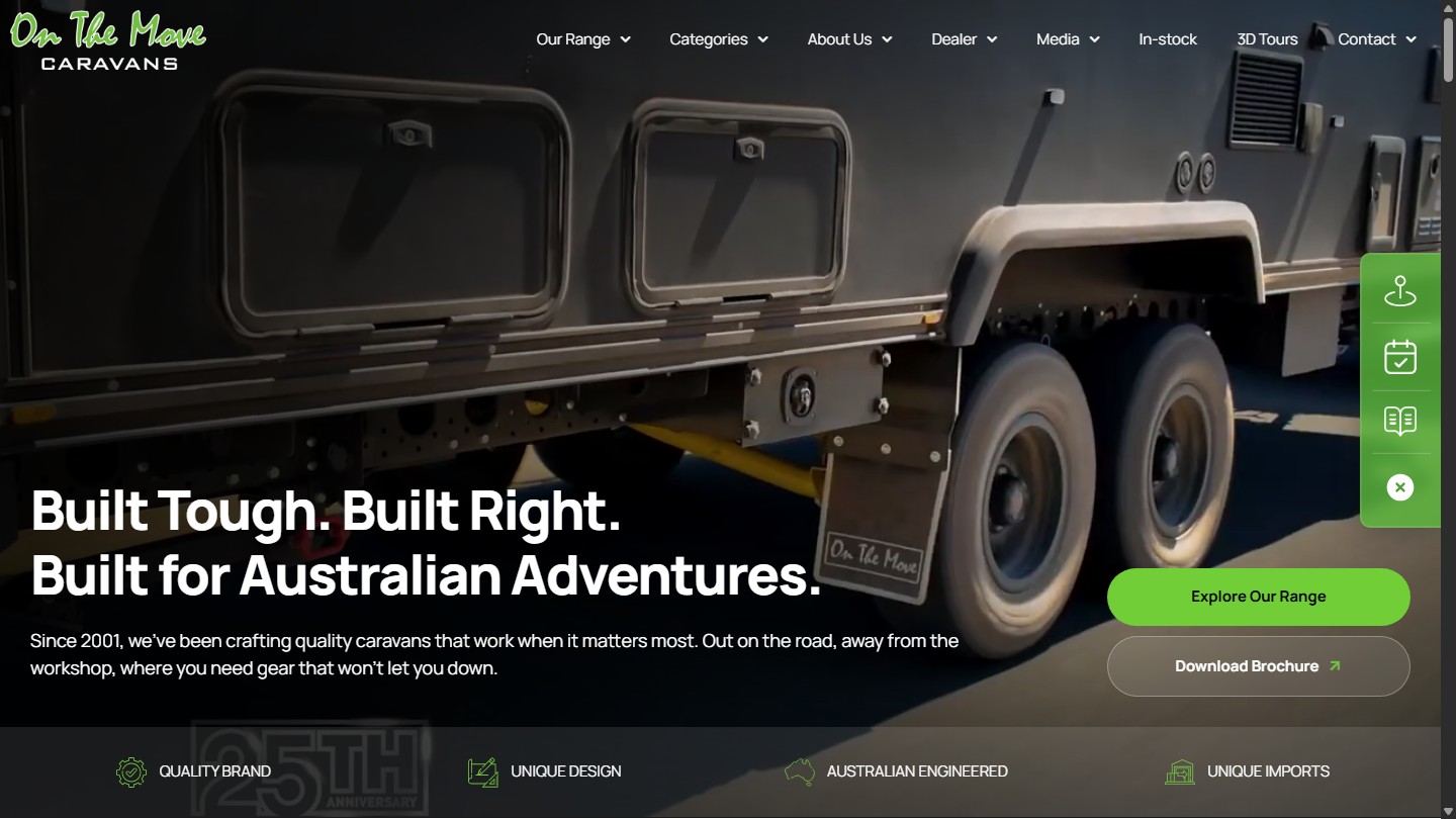 On The Move Caravans public homepage on desktop with caravan navigation and Australian travel headline
