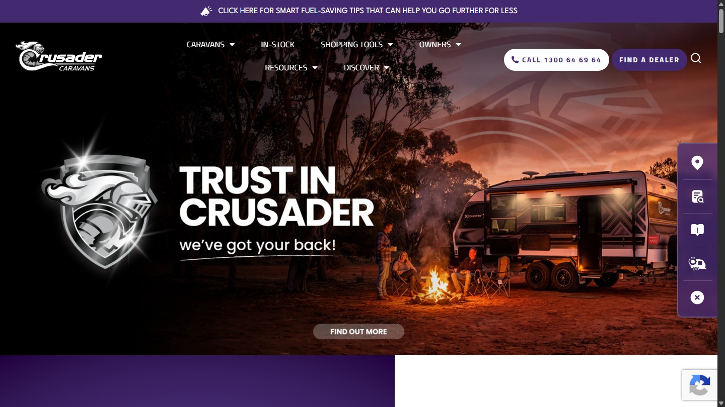 Crusader Caravans public homepage on desktop with caravan hero image and product navigation