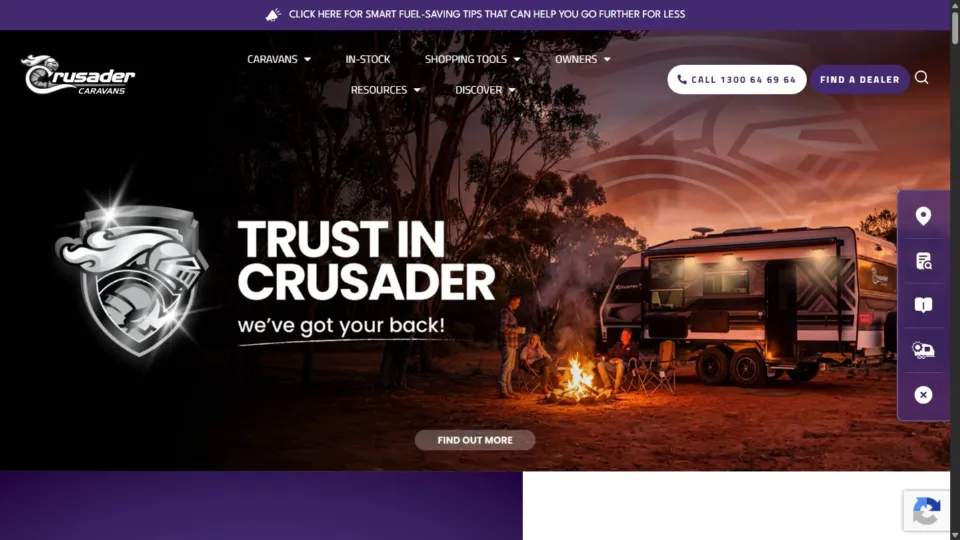 Crusader Caravans public homepage on desktop with caravan hero image and product navigation