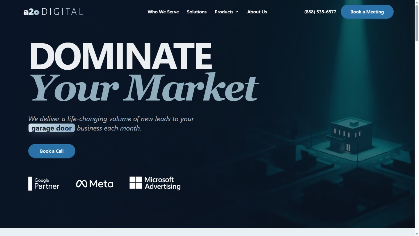 A2O Digital public homepage on desktop with growth marketing headline and local service business navigation