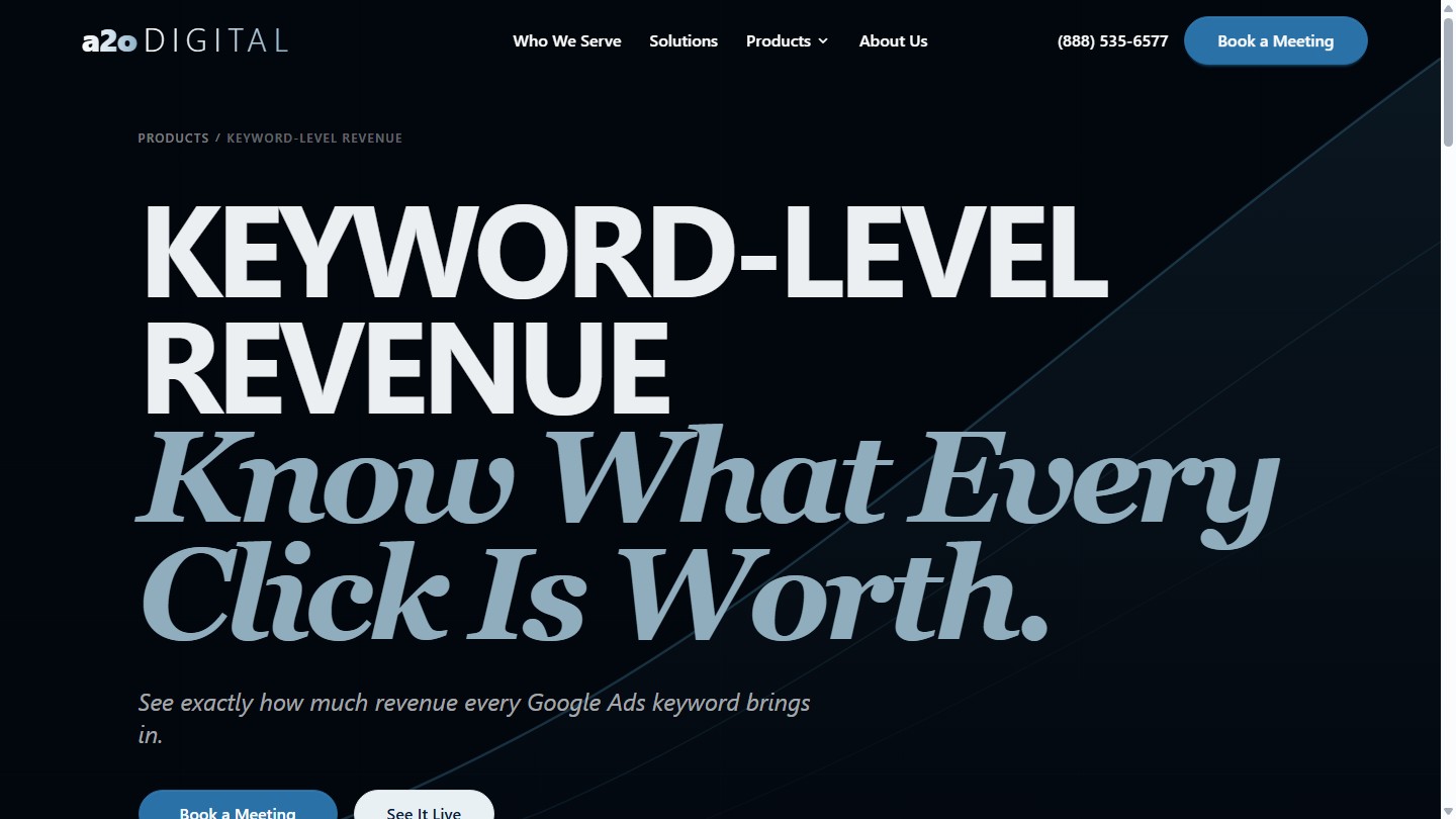 Keyword Level Revenue public product page on desktop with revenue analytics interface