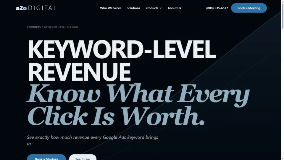 Keyword Level Revenue public product page on desktop with revenue analytics interface