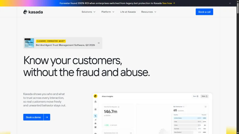 Kasada public homepage on desktop with bot and agent trust management software headline