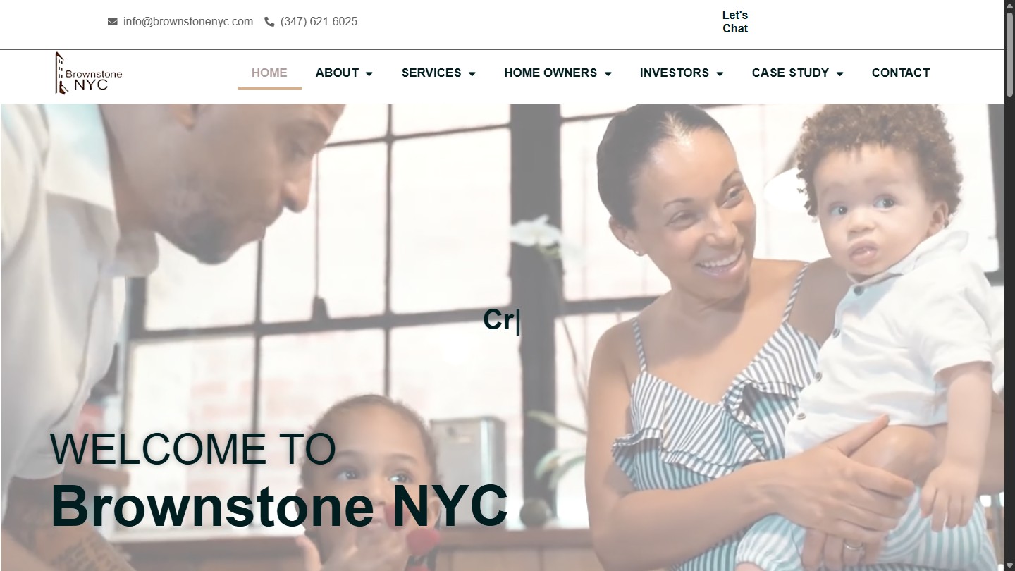 Brownstone NYC public homepage on desktop with real estate navigation and company introduction