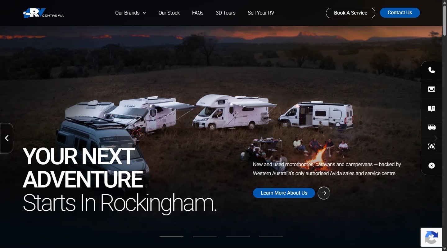 RV Centre WA public homepage on desktop with motorhome and caravan dealership navigation