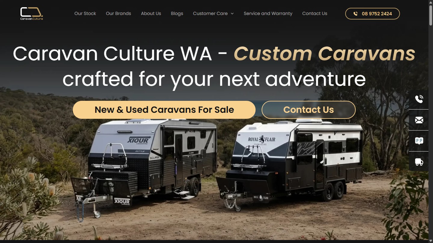Caravan Culture WA public homepage on desktop with caravan lifestyle navigation