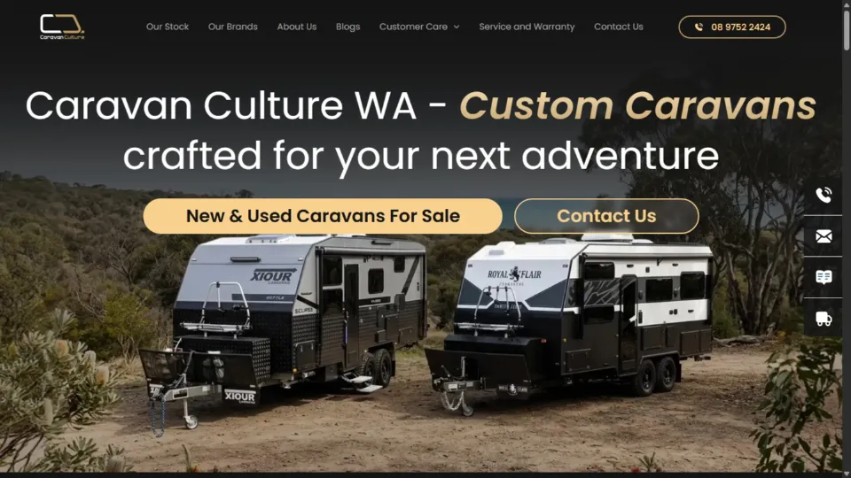 Caravan Culture WA public homepage on desktop with caravan lifestyle navigation
