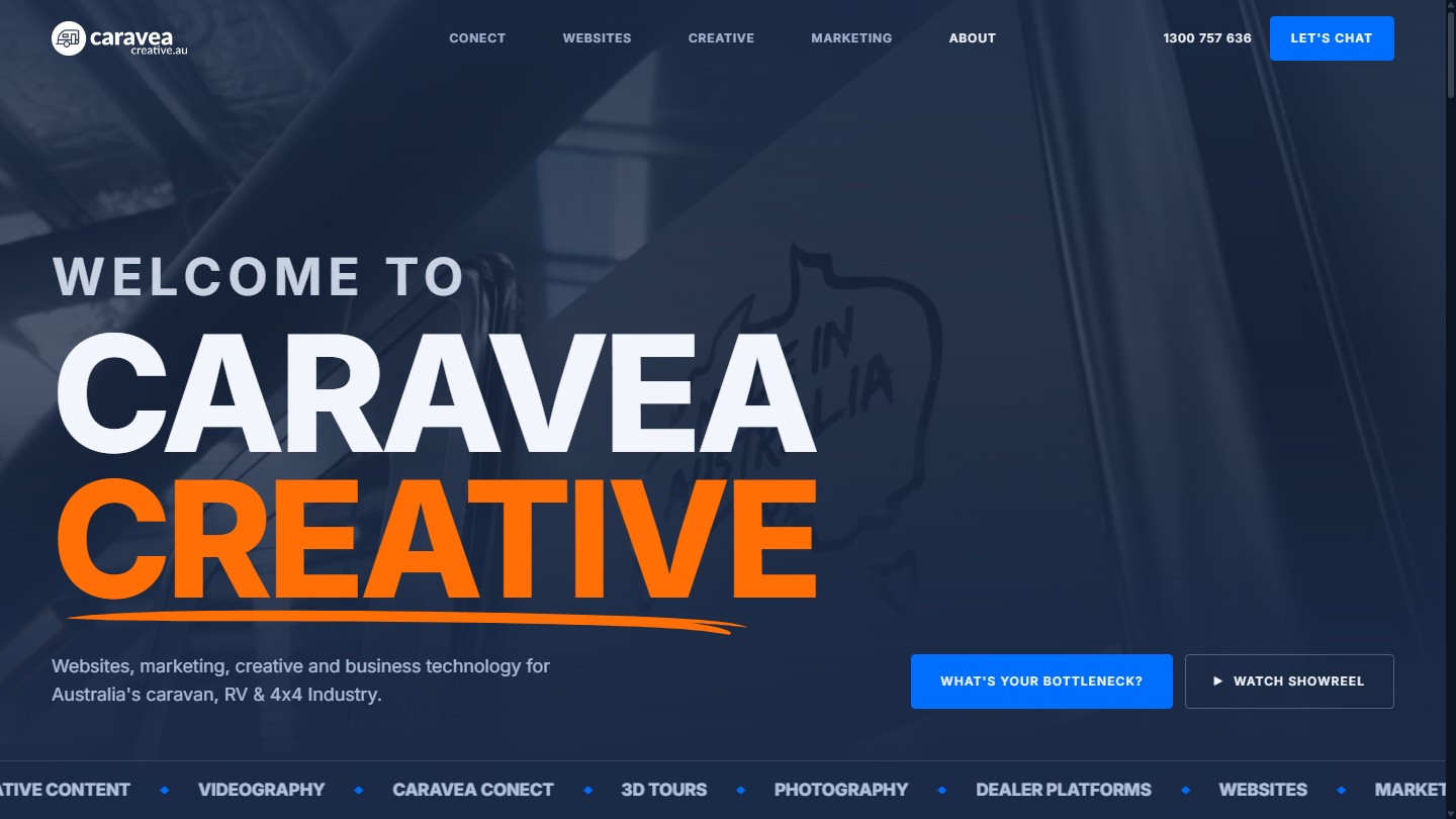 Caravea Creative public homepage on desktop with creative studio navigation