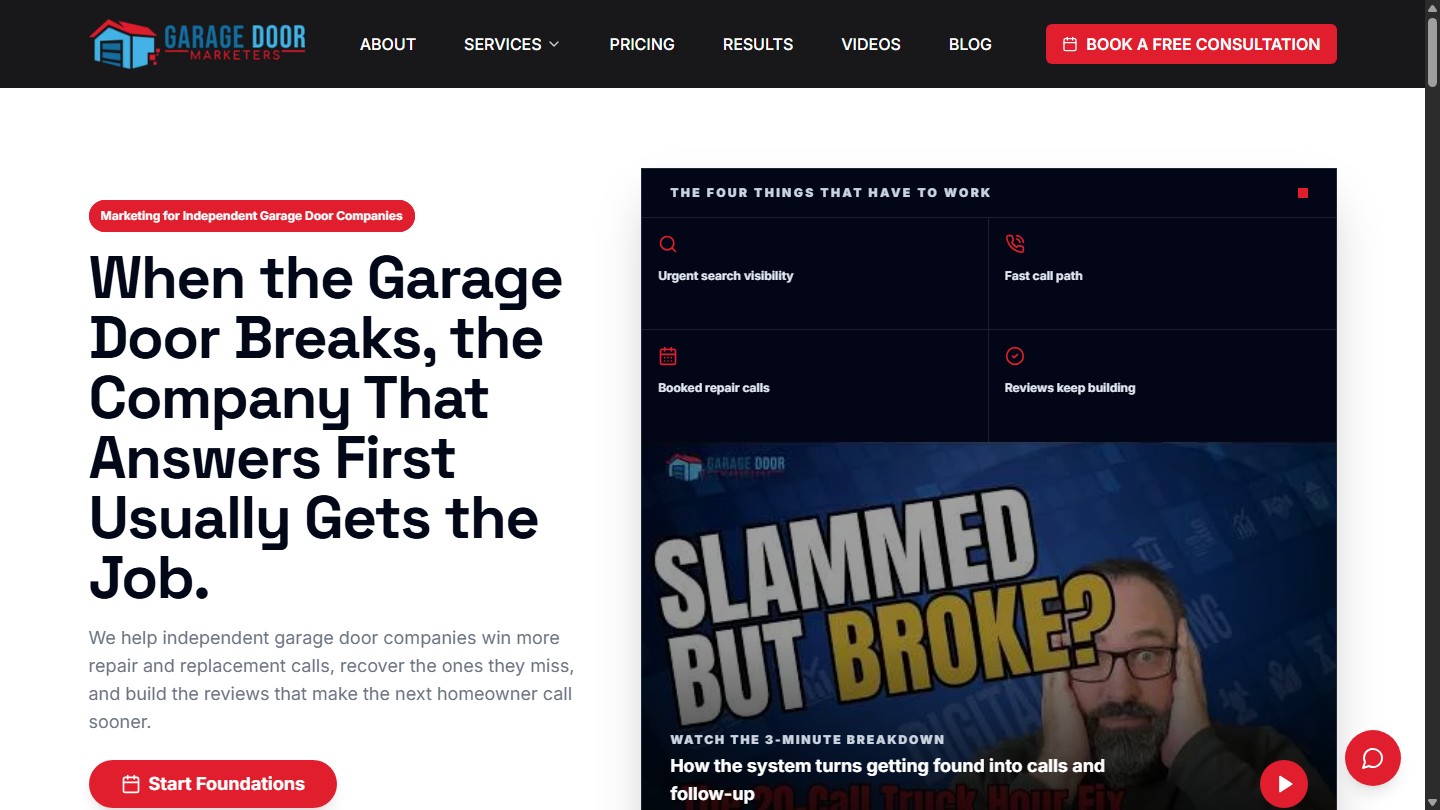 Garage Door Marketers public homepage on desktop with lead-generation navigation