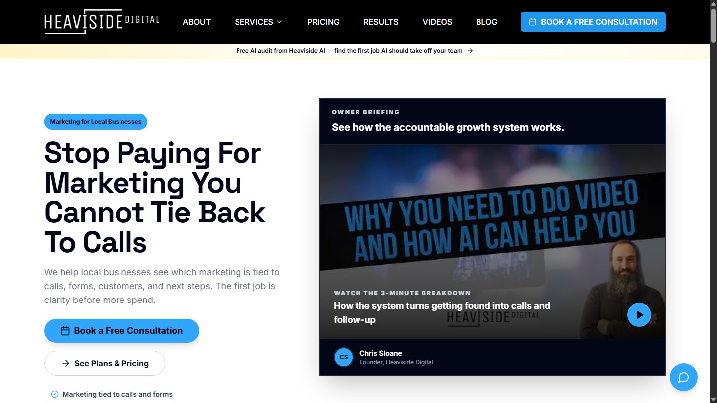 Heaviside Digital public homepage on desktop with digital marketing navigation