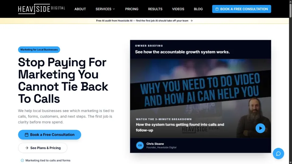 Heaviside Digital public homepage on desktop with digital marketing navigation