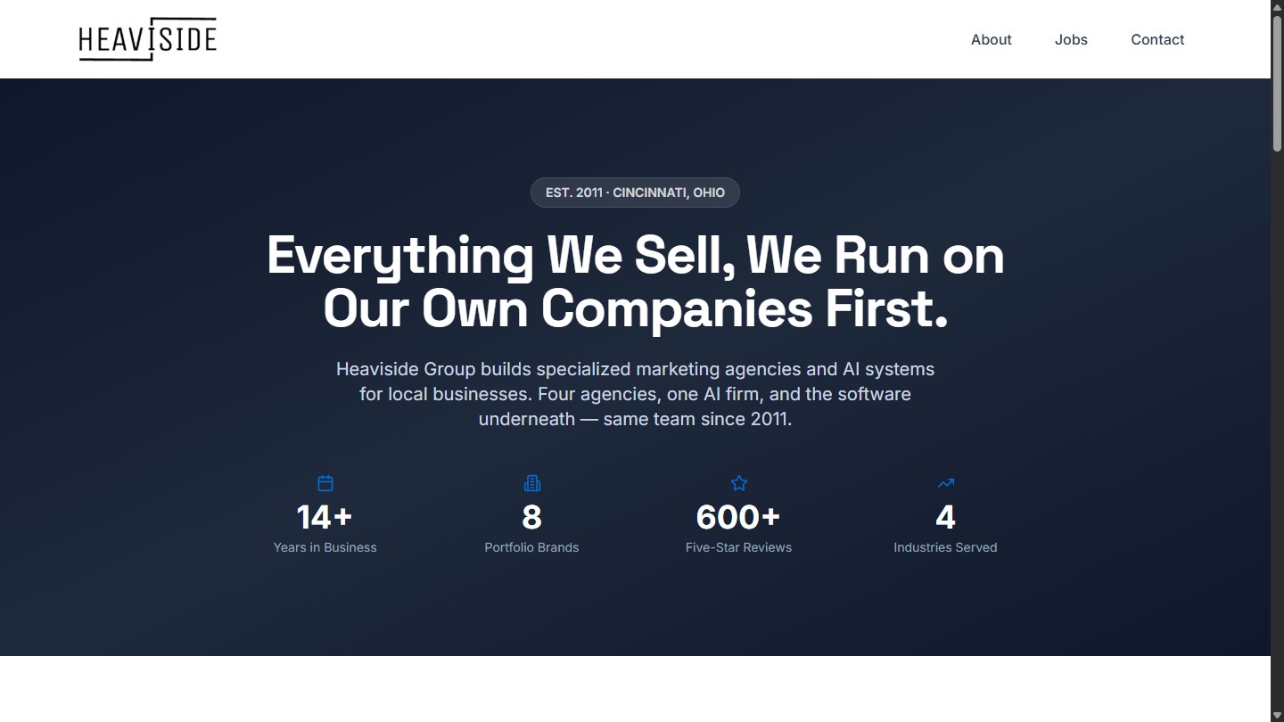 Heaviside Group public homepage on desktop with company services navigation