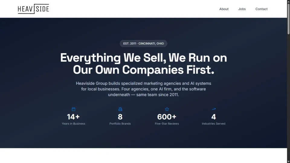 Heaviside Group public homepage on desktop with company services navigation