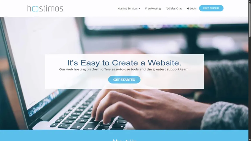 Hostimos public homepage on desktop with hosting services navigation
