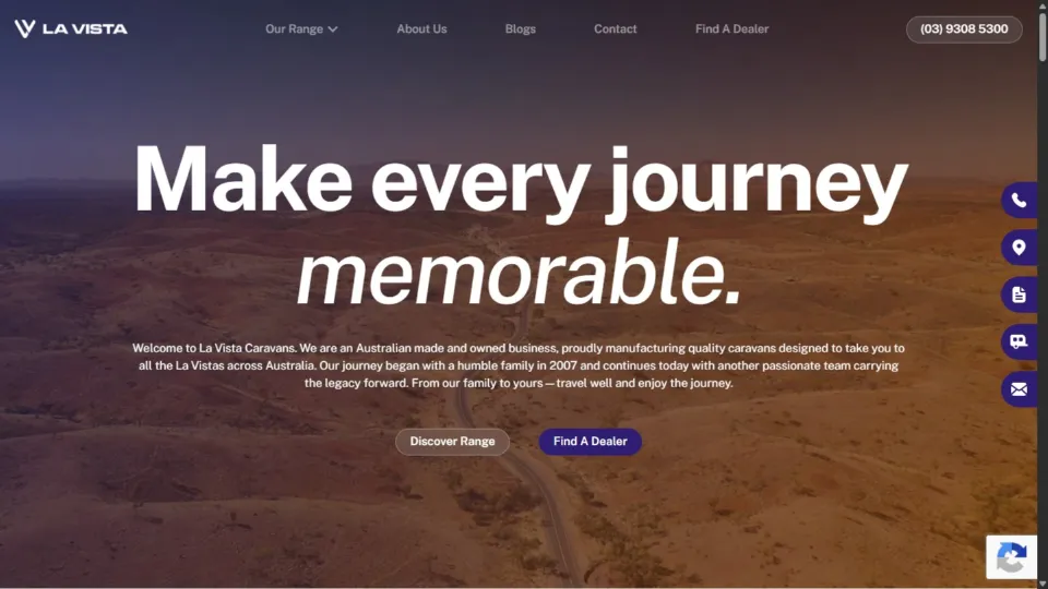 La Vista Caravans public homepage on desktop with caravan product navigation